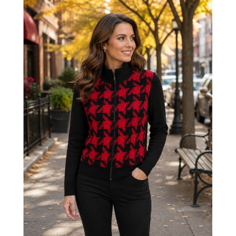 Carlisle Checkered Cardigan Sweater Size 4 Red Wool Houndstooth Tweed Jacket